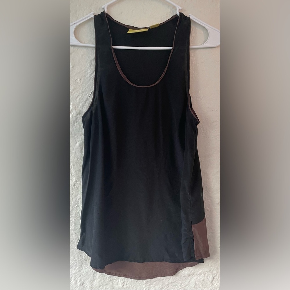 Maeve Silk High Low Tank Top Black Brown Contrast Side Split Lightweight; size L